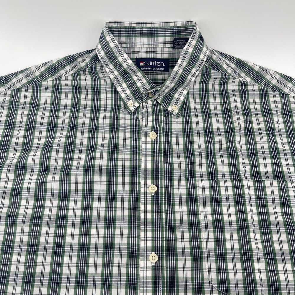 Puritan Mens M Short Sleeve Button Down Shirt Plaid Wrinkle Resistant Casual Top